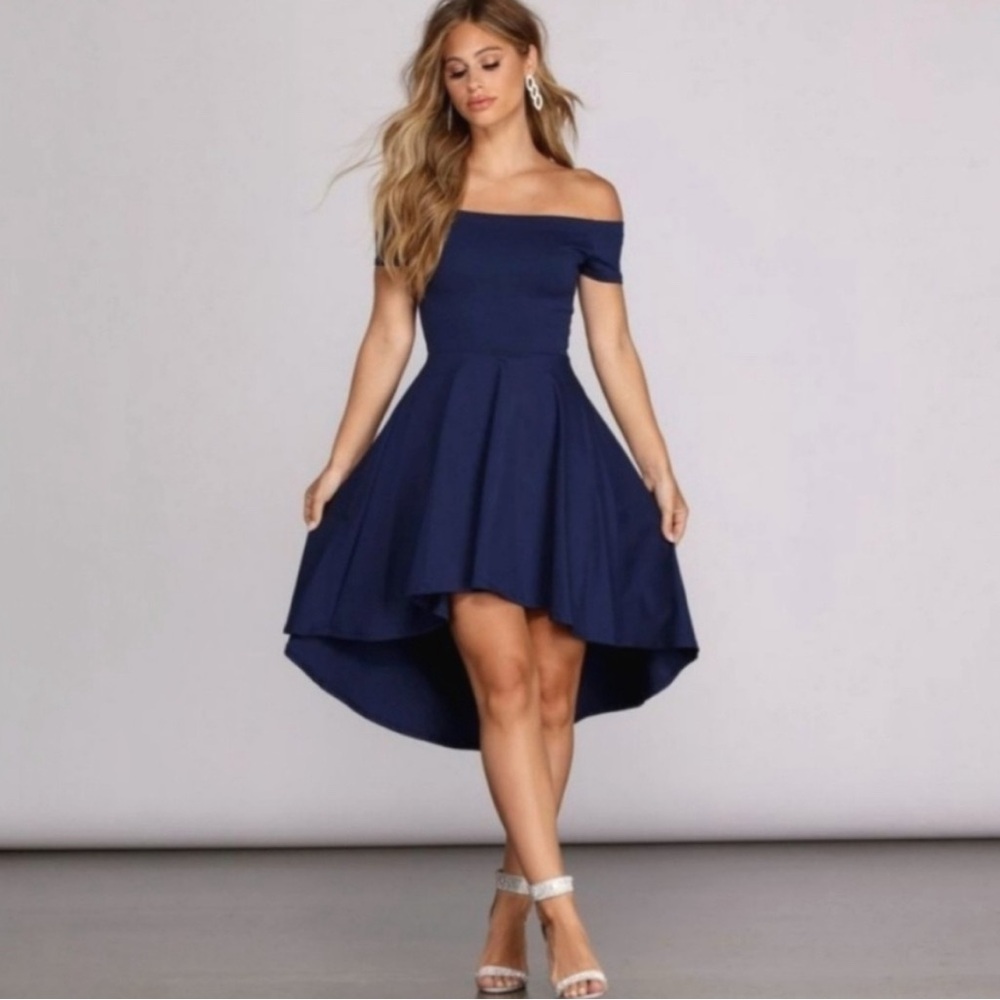 Windsor Blue High-Low Off-Shoulder Dress